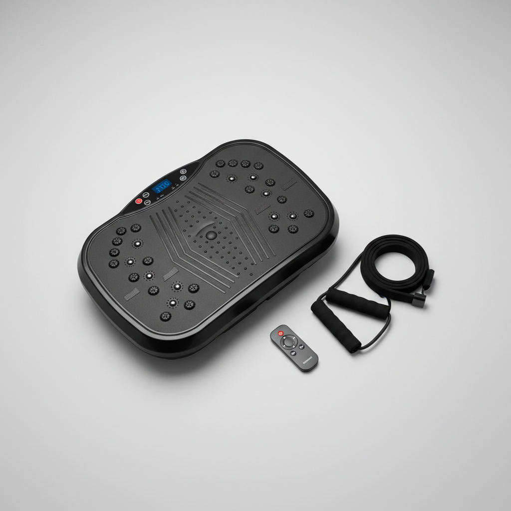 Black vibration plate with remote control and strap on a gray background