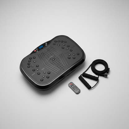 Black vibration plate with remote control and strap on a gray background