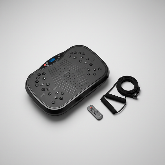 Black vibration plate with remote control and strap on a gray background