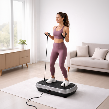Woman using a vibration plate in a living room setting